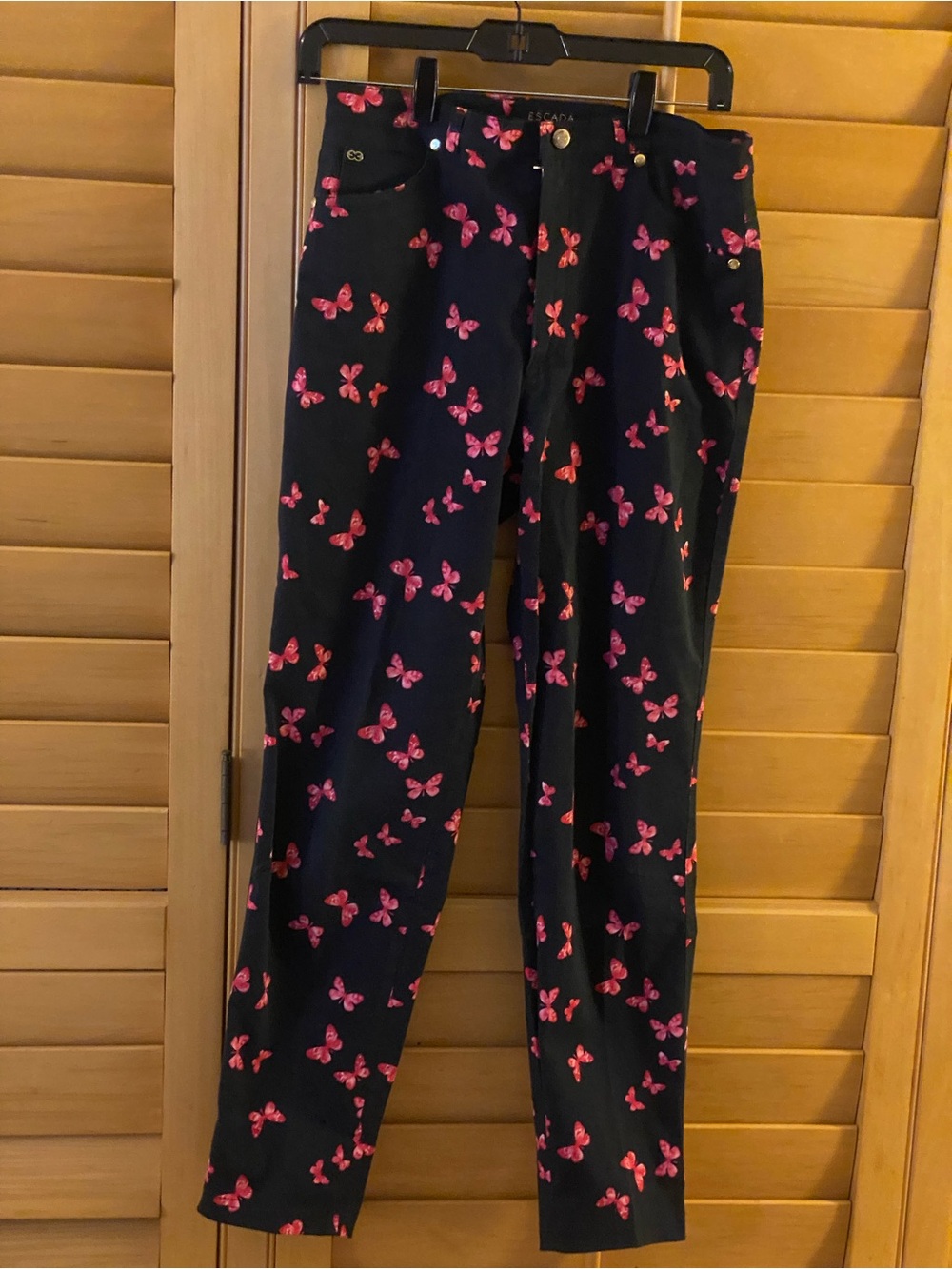 Vintage Escada Butterfly Print Tapered Pants Black Pink Graphic Trousers Size 38